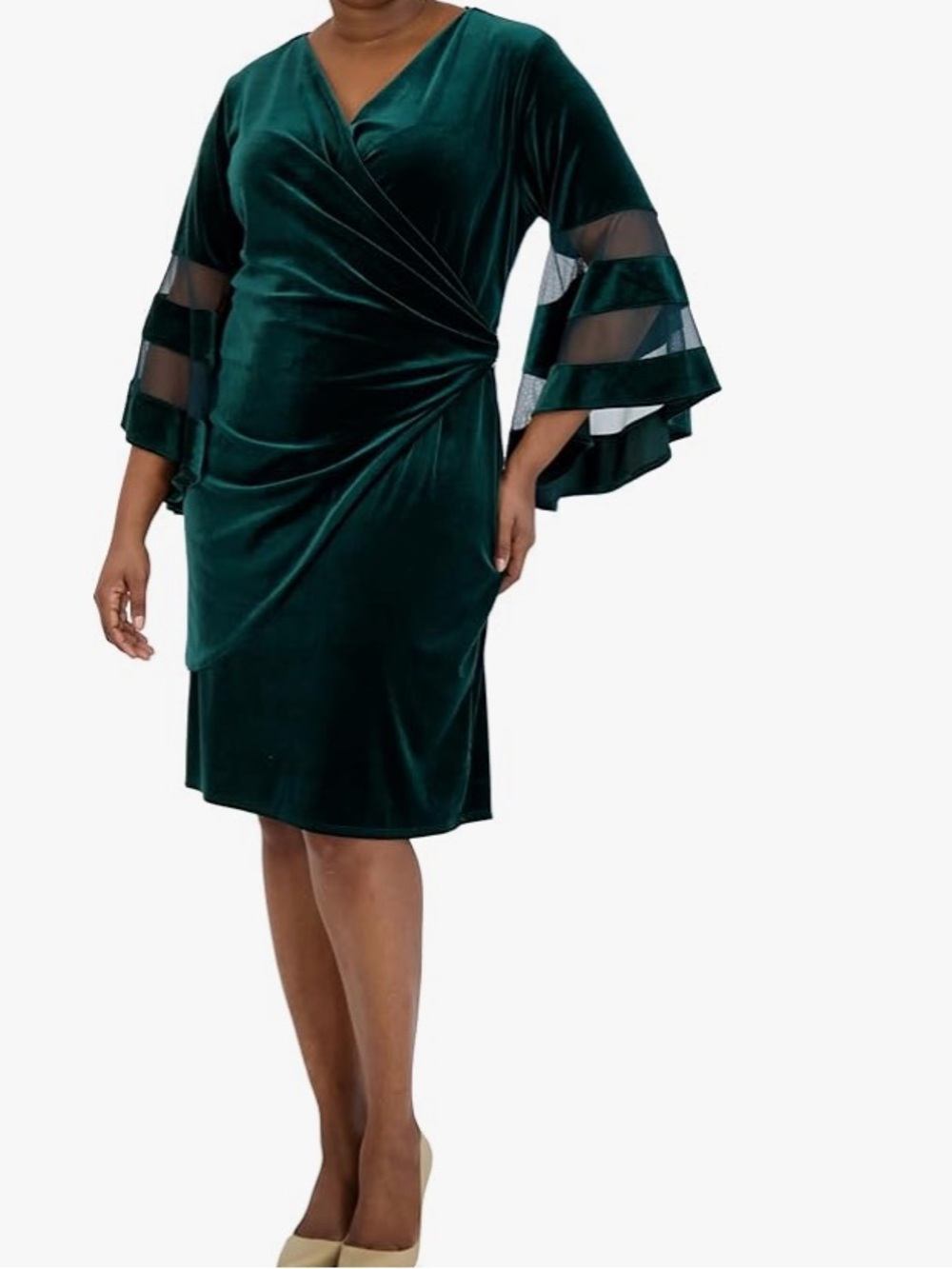 Velvet wrap stretch sheer trim Angel sleeve  green Evening Formal Dress Plus 18W